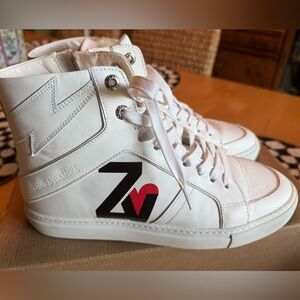 Zadig & Voltaire High Flash White Leather High-Top Sneakers w/Black Red ❤️ Logo